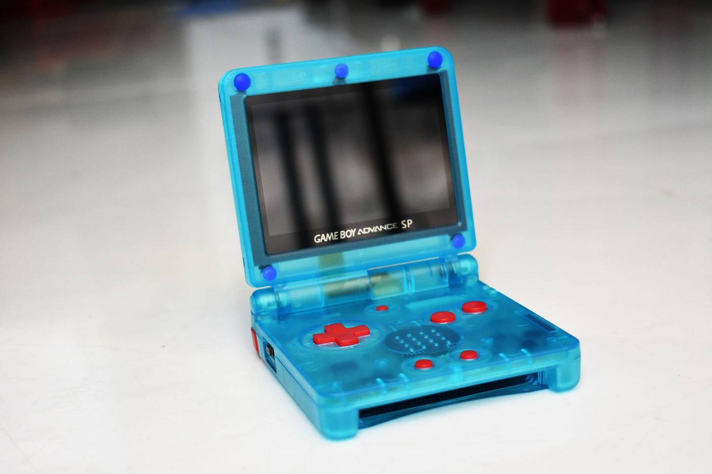 Backlit IPS GBAsp Mod Nintendo GameBoy Advance SP Ocean Blue Red Buttons