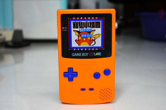 Funnyplaying Retro Pixel IPS Q5 Game Boy Color With Laminated Lens Nintendo GBC Plus Extra Mods Orange Shell Blue Buttons