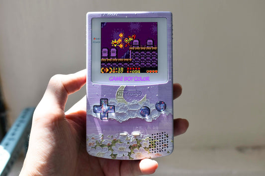 Funnyplaying Retro Pixel IPS Q5 Game Boy Color With Laminated Lens Nintendo GBC Plus Extra Mods Flowers Under The Moon