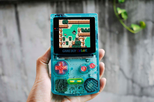 Retro Pixel IPS Q5 Game Boy Color Nintendo GBC Plus Extra Mods Mirror Sea Blue Shell Glitty Effect Buttons