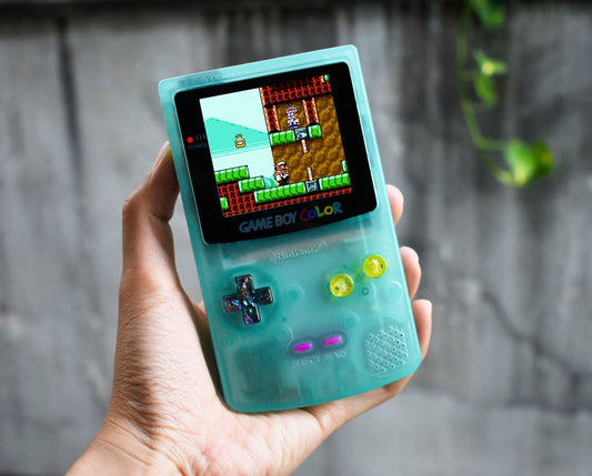 Retro Pixel IPS Q5 Game Boy Color Nintendo GBC Plus Extra Mods Turquoise Glow in Dark Shell Glitty Colorful Effect Buttons