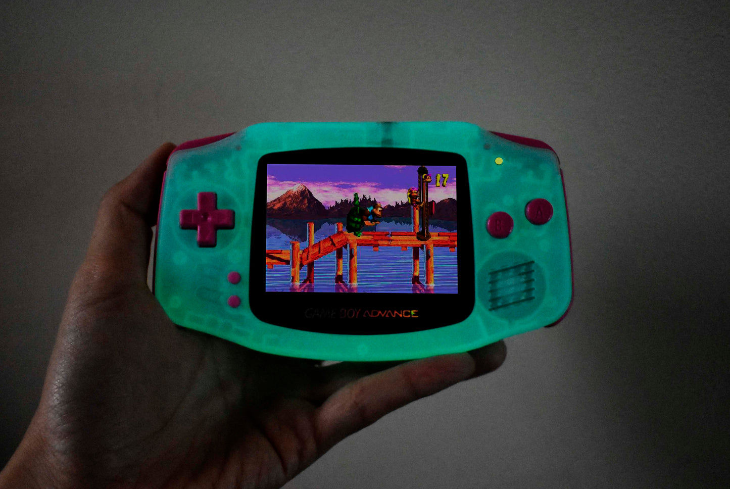 Extra Mods And IPS Backlit LCD GBA Mod Nintendo GameBoy Advance Blue Glow In Dark Pink Buttons