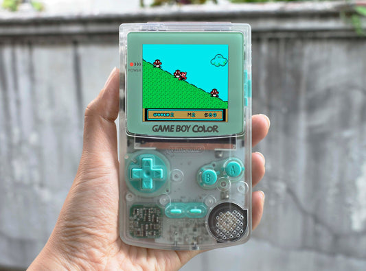 Retro Pixel IPS Q5 Game Boy Color Nintendo GBC Plus Extra Mods Translucent Shell with Pastel Blue Buttons