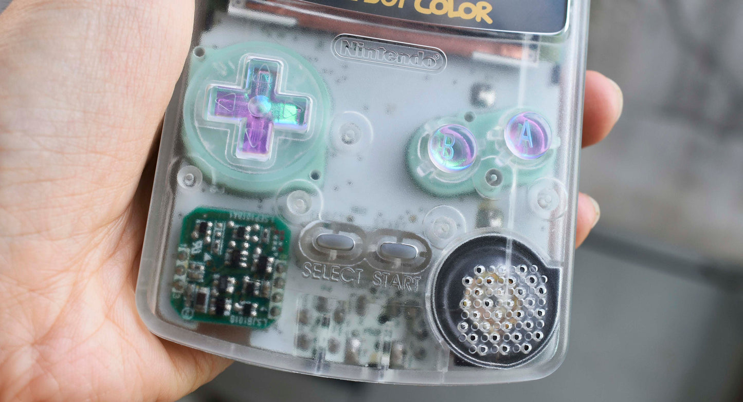 Retro Pixel IPS Q5 Game Boy Color Nintendo GBC Plus Extra Mods Clear Shell and Opal Sunset Buttons