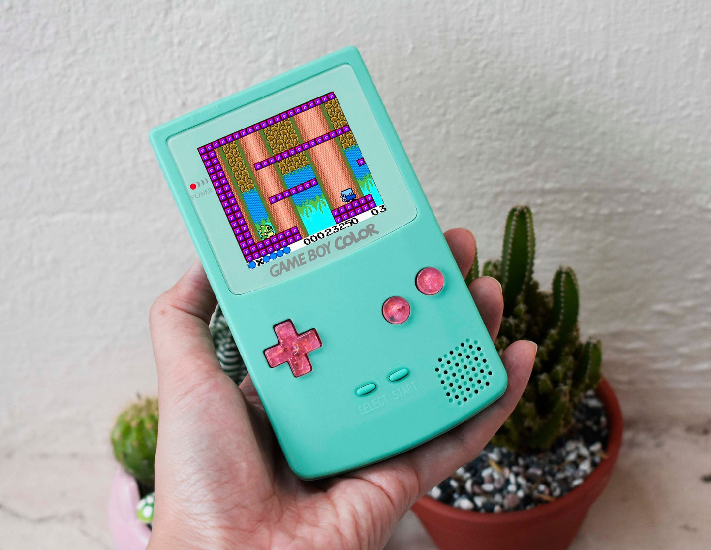 Retro Pixel IPS Q5 Game Boy Color Nintendo GBC Plus Extra Mods Pastel Green Shell Glitty Milky Pink Button