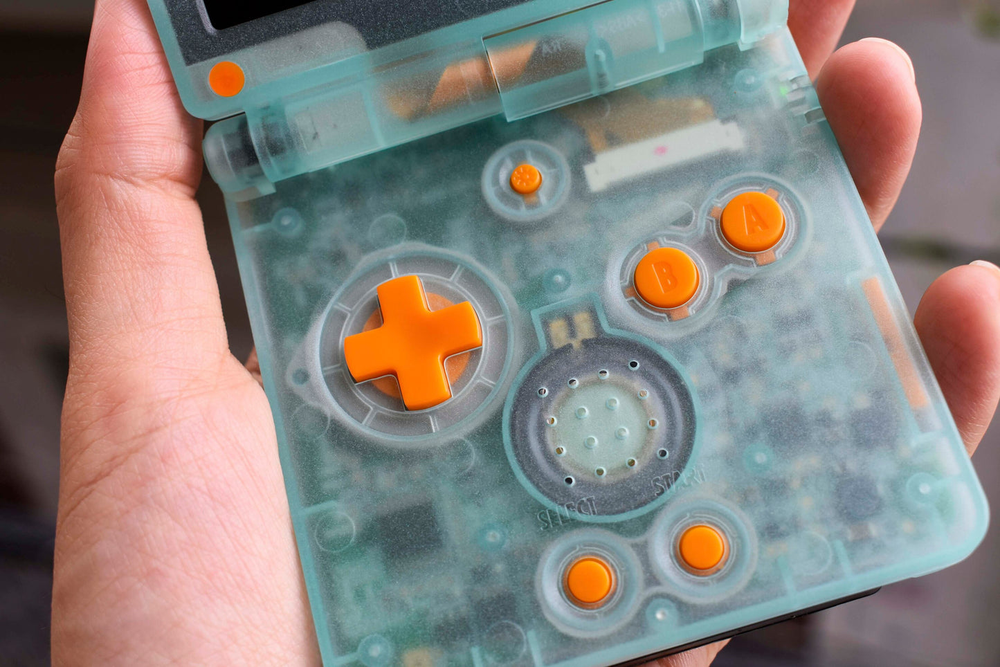 Backlit IPS GBAsp Mod Nintendo GameBoy Advance SP Turquoise Glow in Dark Orange Buttons