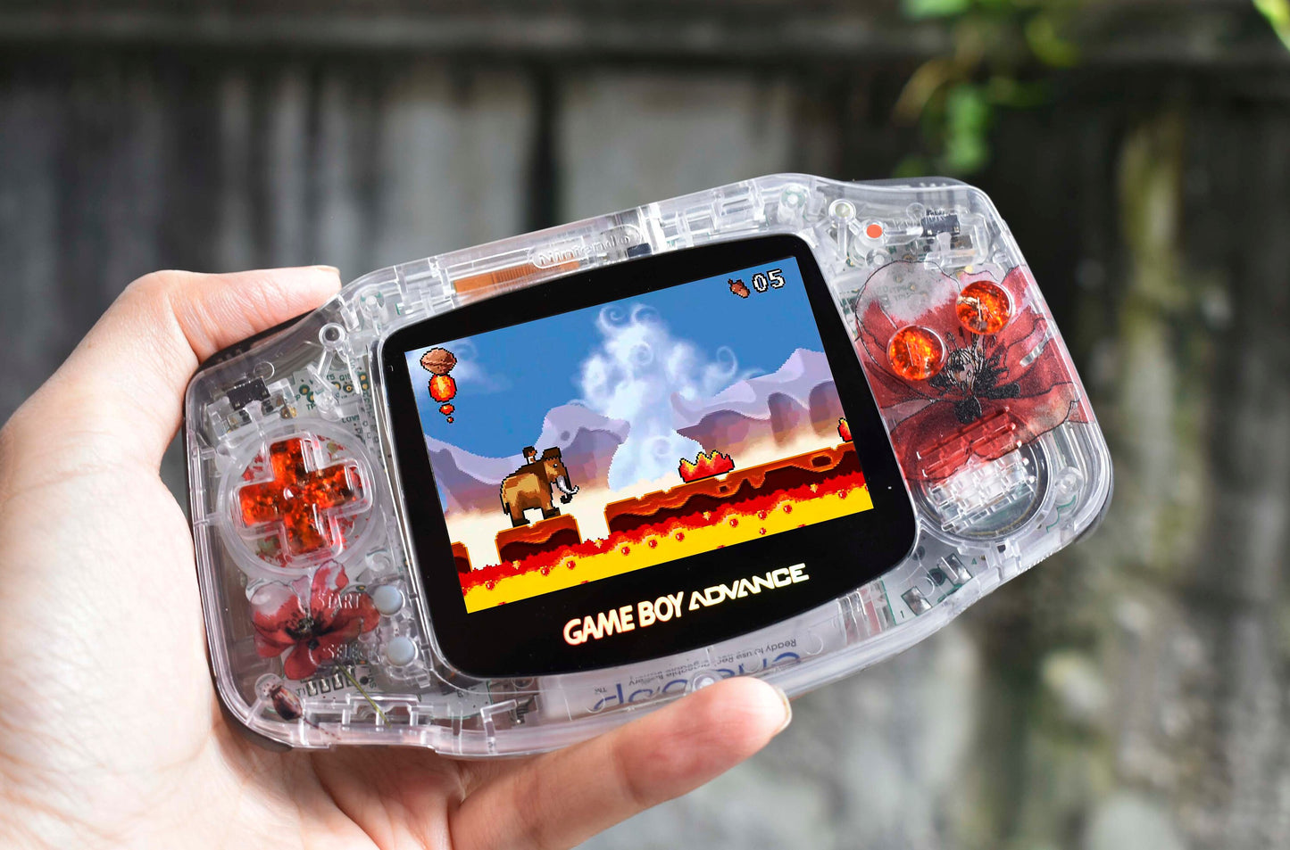 Extra Mods IPS Backlit LCD GBA Nintendo Game Boy Advance Poppies Flower With Glitty Buttons