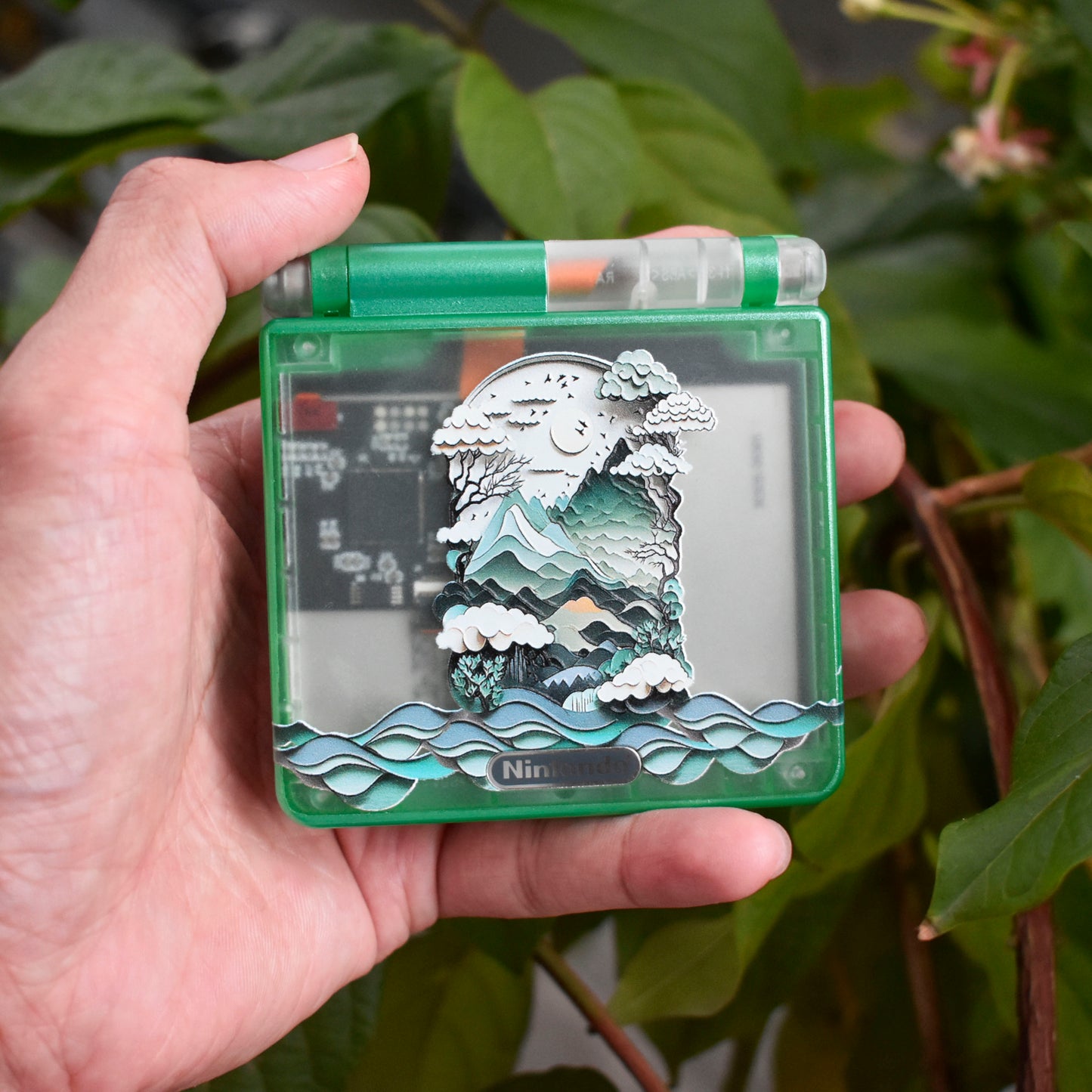 Backlit IPS GBAsp Mod Nintendo GameBoy Advance SP Translucent Clear Shell Green Mountain