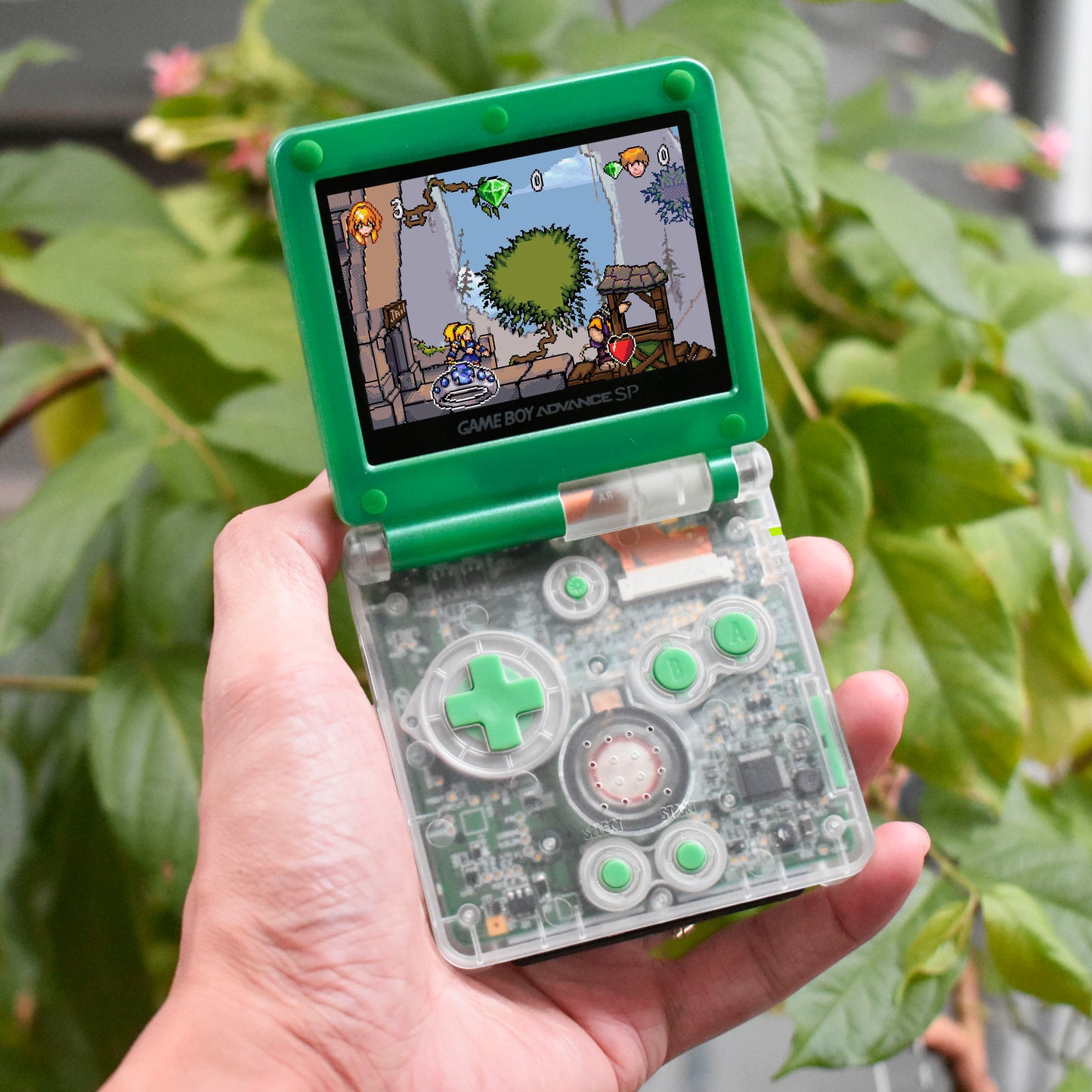 Backlit IPS GBAsp Mod Nintendo GameBoy Advance SP Translucent Clear Shell Green Mountain