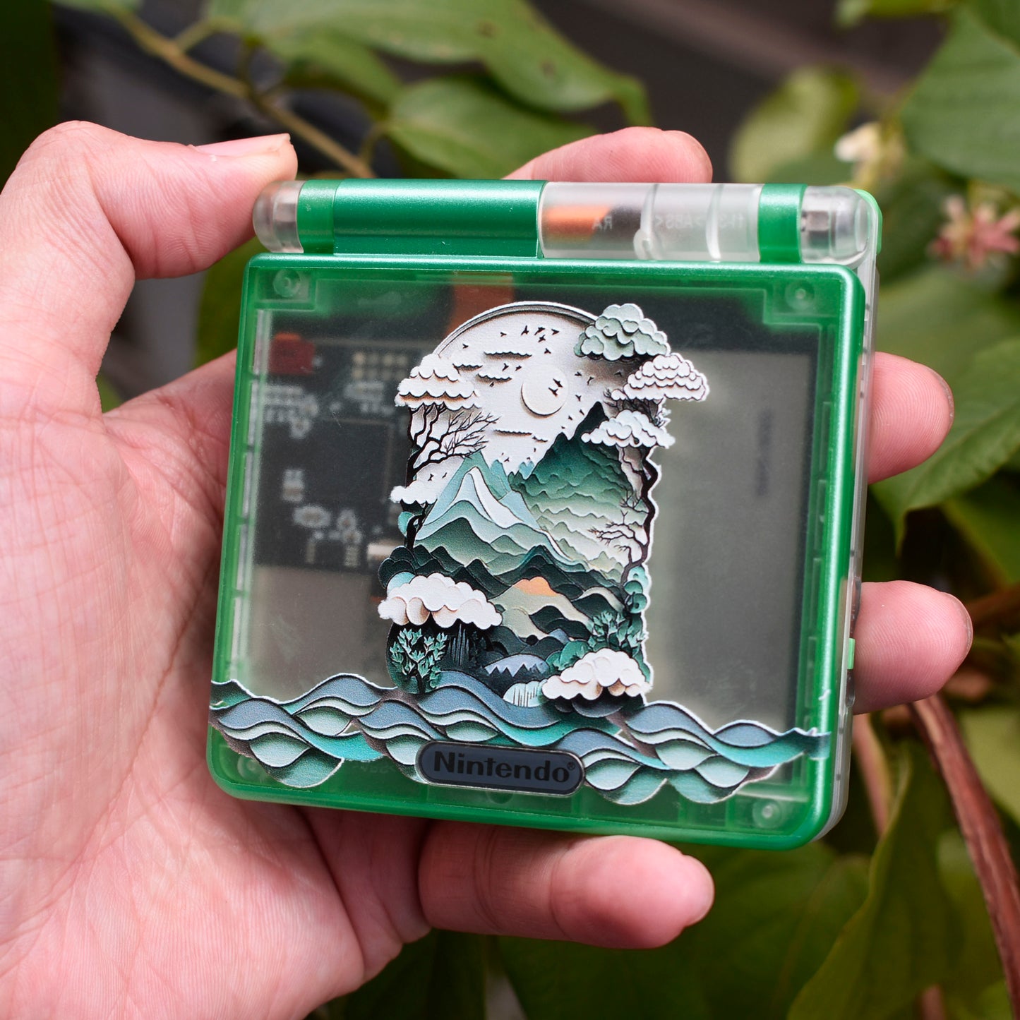 Backlit IPS GBAsp Mod Nintendo GameBoy Advance SP Translucent Clear Shell Green Mountain